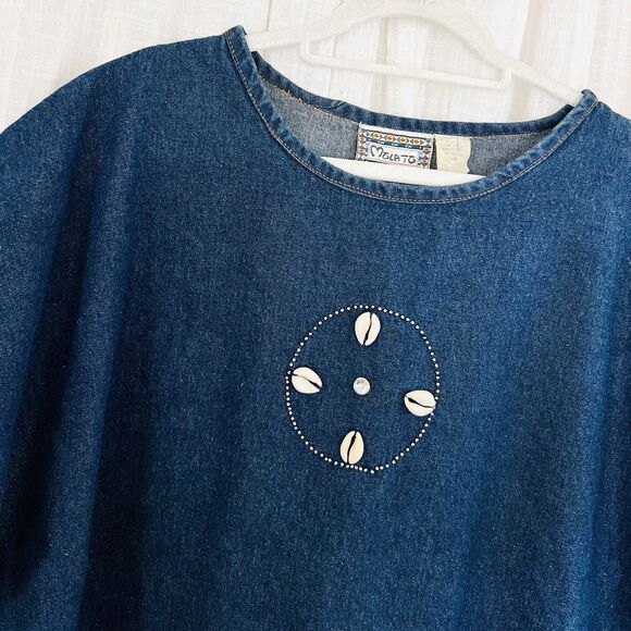 Molato 100% Cotton Boho Hippie Beachy Denim Tunic Shirt Seashells Plus 2X - Picture 2 of 8